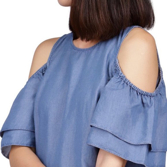 Michael Kors Womens Cold Shoulder Ruffled Keyhole Button Back Top Size XS Blue - Picture 6 of 10